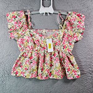 NWT Moa Moa Medium Summer Cropped Off-Shoulder Top Women Floral Pink‎ Green Tone